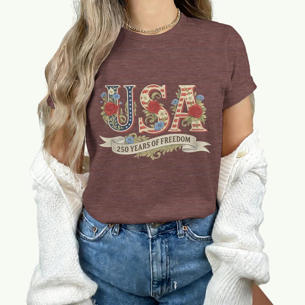 Causal 250th Anniversary Floral USA T-Shirt Women Retro Patriotic Rose Daisy Flowers Tee Fashion Independence Day 2026 Shirt