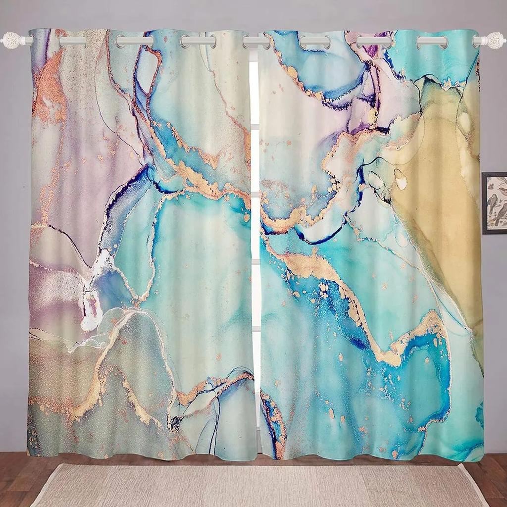 2pcs Black Golden Fluid Marble Print Polyester Curtain Window Treatment For Bedroom Office Kitchen Living Room Study Home Decor