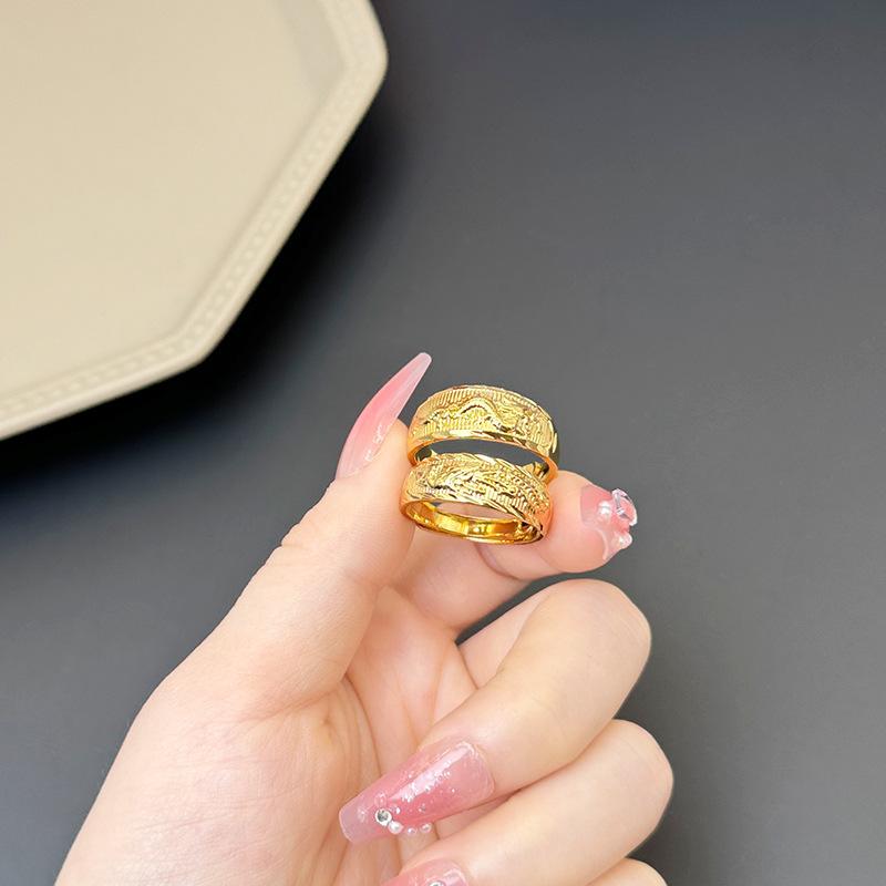 Adjustable Open Couple Rings Gold Carved Dragon Phoenix Pattern Fashion Jewelry for Wedding Gift