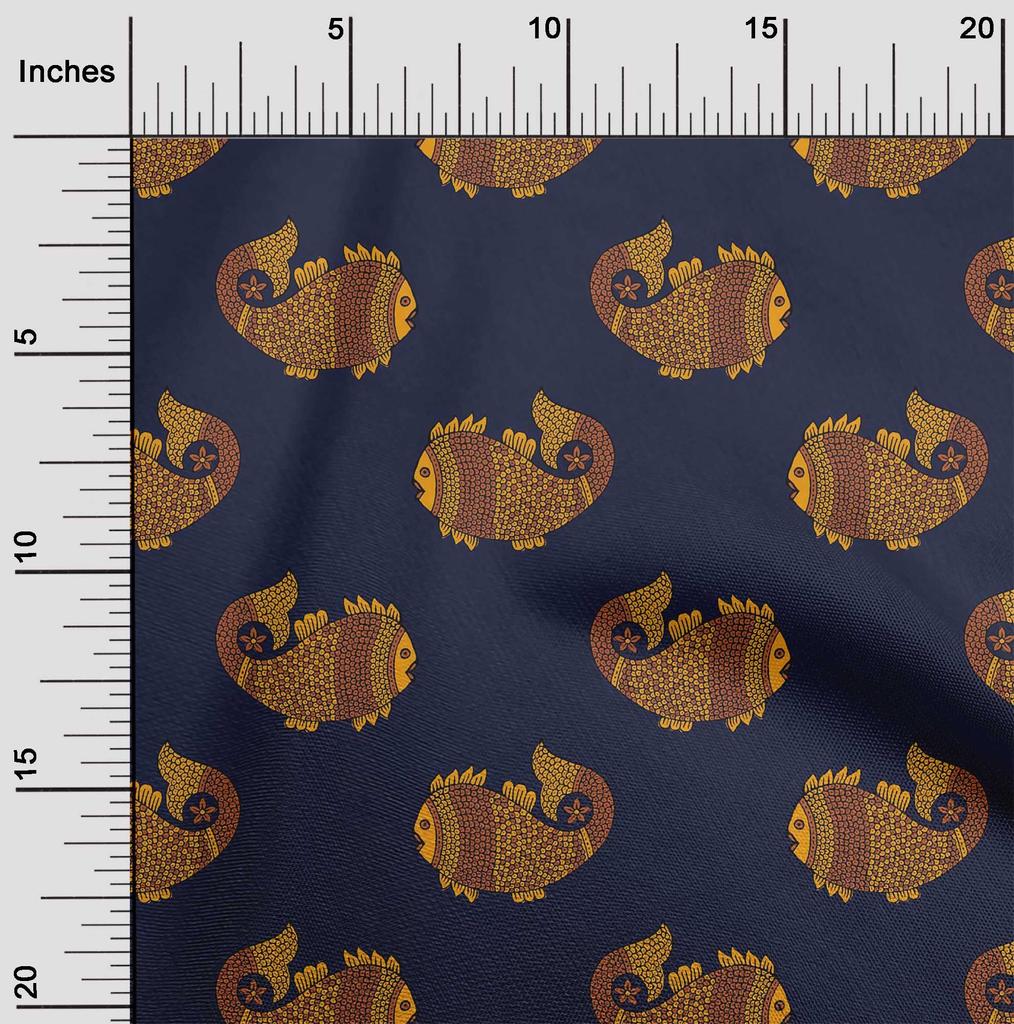oneOone Cotton Flex Fabric Fish Block Printed Fabric 1 Yard 40 Inch Wide