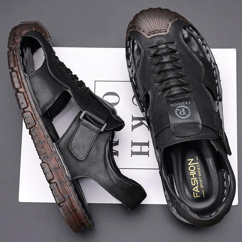 First layer cowhide sandals men's bag head summer wear casual beach shoes men's non-slip soft-soled hollow men's slippers