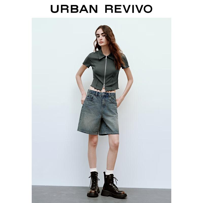 UR2026 Women s Ruffled Double Zipper Short Sleeve Shirt L