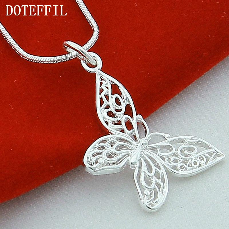 DOTEFFIL 925 Silver Butterfly Pendant Necklace 18/20/22/24/28/30 inch Snake Chain For Women Wedding Engagement Jewelry