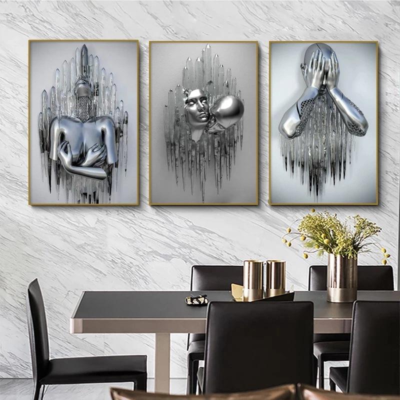 New Sofa Background Wall Decoration Canvas Painting Core Metal Figure Hugging Sculpture Frameless Poster Hanging Painting