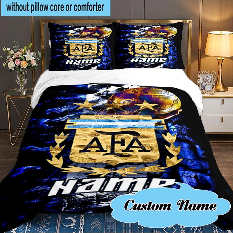 Custom Name Argen-tina Football Crest Bedding Set 3pcs, Bedding Set Including 1pc Duvet Cover And 2pcs Pillowcases for Bedroom, Dormitory Gift
