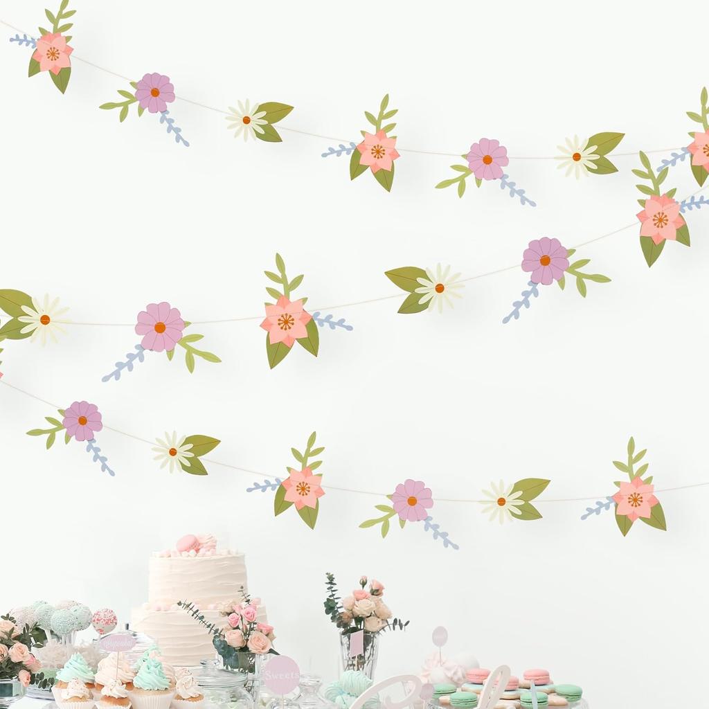 Cheerland Wildflower Party Decorations Flower Banner Birthday Fairy Floral Garland Paper Flower Garland for Spring Woodland Baby Shower Tea Party