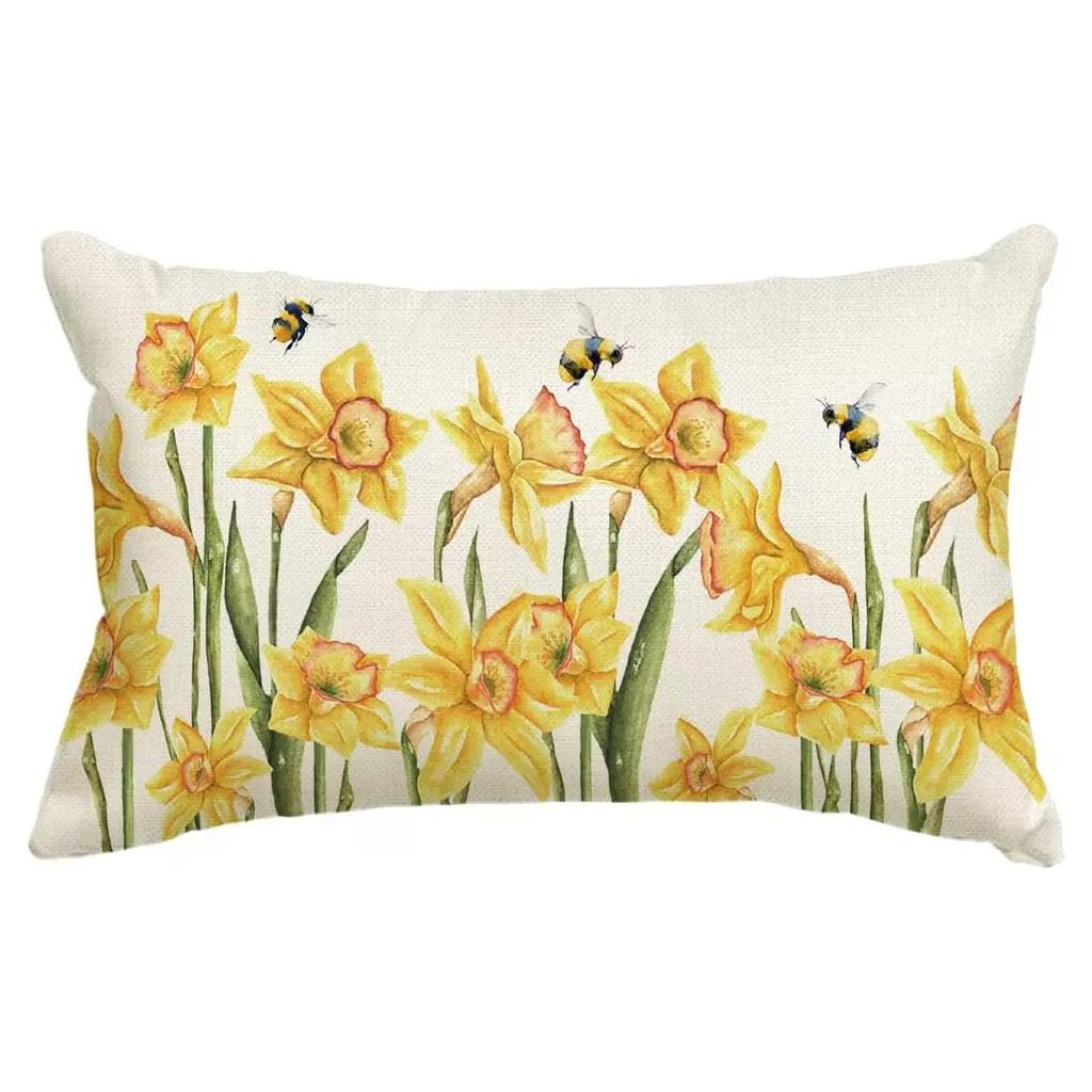 New Spring Flower Pillowcase Linen Printed Floral Sofa Cushion Cover Home Pillowcase