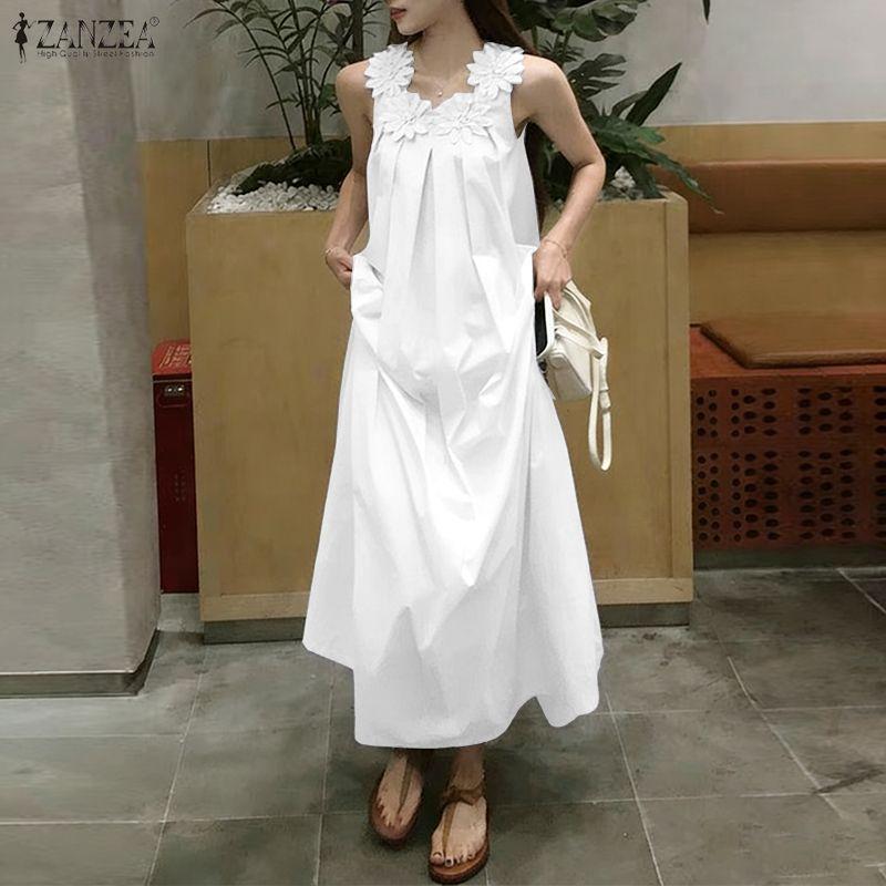 ZANZEA Bohemian Style Summer Casual Round Neck Sleeveless Long Dress