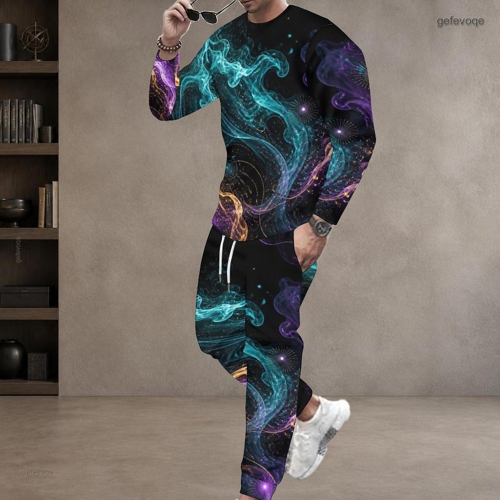Men s Plus Size Nebula Printed Two Piece Set Round Neck Long Sleeve Top Cuffed Pants
