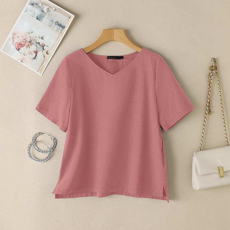 ZANZEA Women Casual V-Neck Summer Short Sleeve Cotton T-Shirts