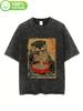 Vintage Gewaschenes Japanisches Tier isst Ramen Grafik T-Shirt Baumwolle Übergröße Retro Streetwear Tee Unisex Oberteil Tee
