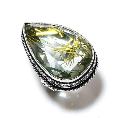 Gema de Rutilo Dorado Hecho a Mano Plata de Ley 925 Joyería Anillo Talla 5 J4e26