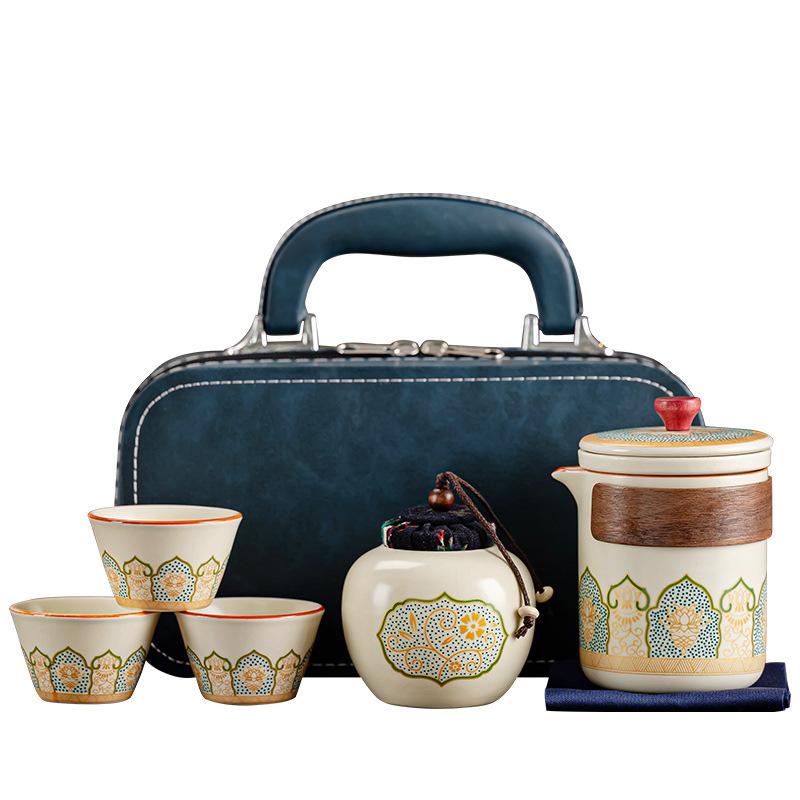 Dehua ceramic travel tea set Ru kiln retro outdoor ancient rhyme hand-held pot camping portable tea fast customer set