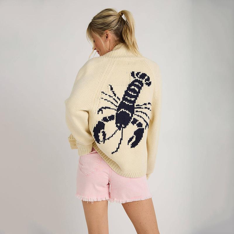 

Women s Casual Commuter Single-breasted Cardigan Long-sleeved Shrimp and Shrimp Printed Knitted Cardigan XL