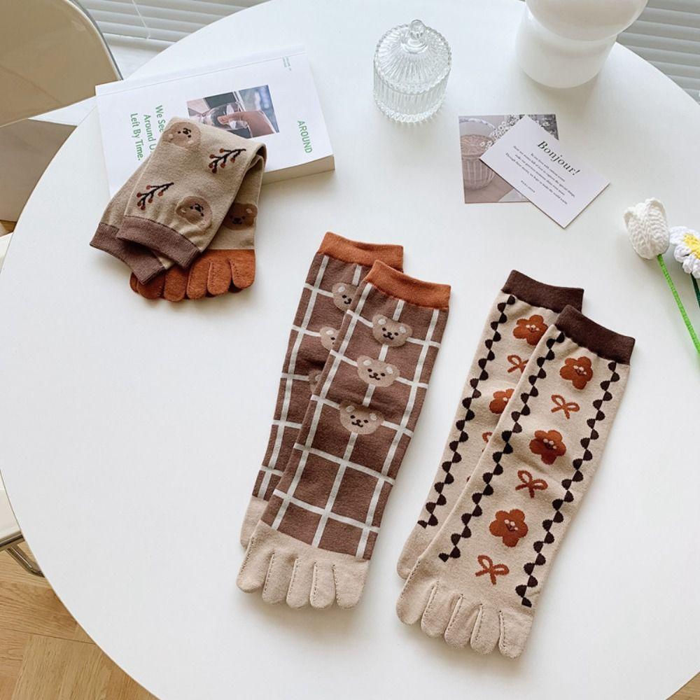 Flower Split Toe Short Socks Stripe Grid Toe Separator Socks Elastic Toe Mid-calf Socks  Women