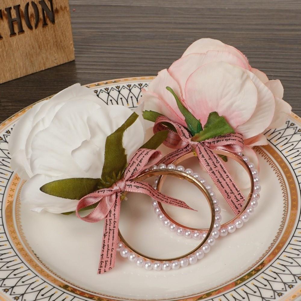 Elegant Simulated Rose Napkin Rings Alloy Electroplated Decorative Napkin Loops Plastic Pink Rose Western-style Napkin Buckle