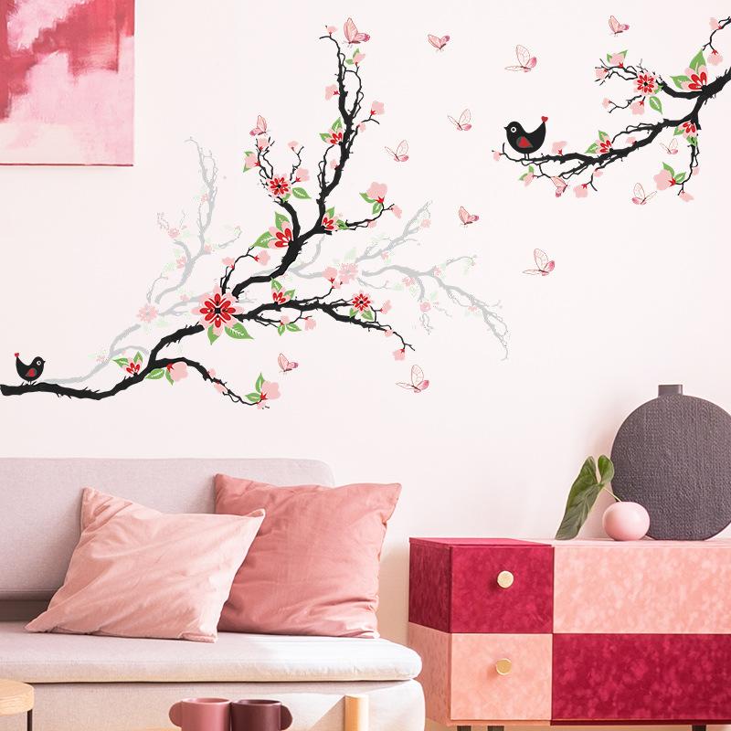 Branch Bird Butterfly Flower Wall Stickers, Nature Scene Removable Decals for Bedroom Living Room Entrance Wall Decor