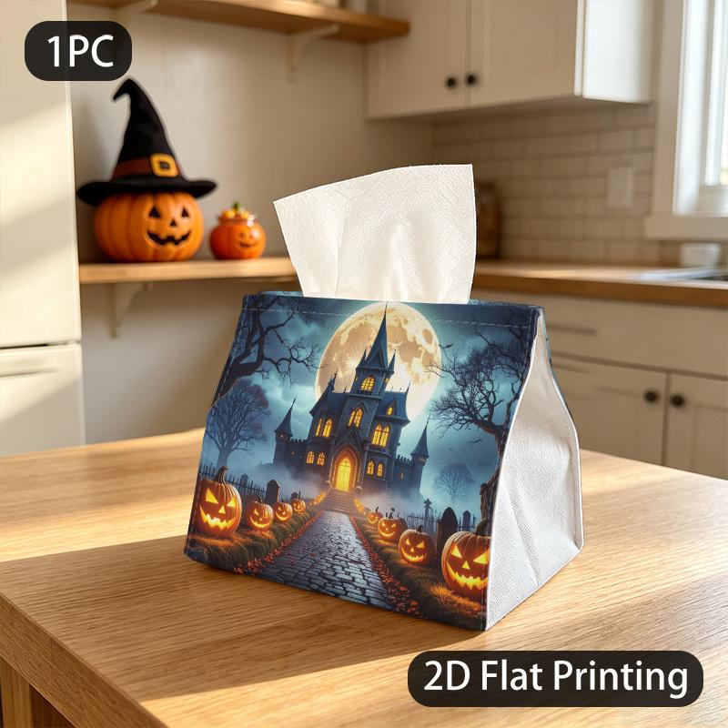 1pc Tissue Box, Gothic Haunted Castle Jack O Lanterns Spooky Halloween Mood Pattern, 2D Flat Printing, Many Uses, Machine Washable, Napkin Box, for Ha
