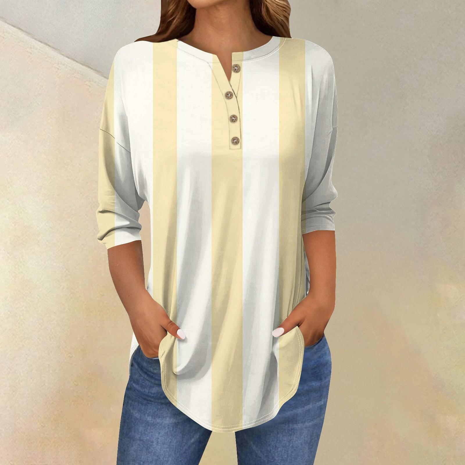 

Women s Fashion Casual Three-quarter Sleeve Striped Printed Round Neck T-shirt Top XL жовтий