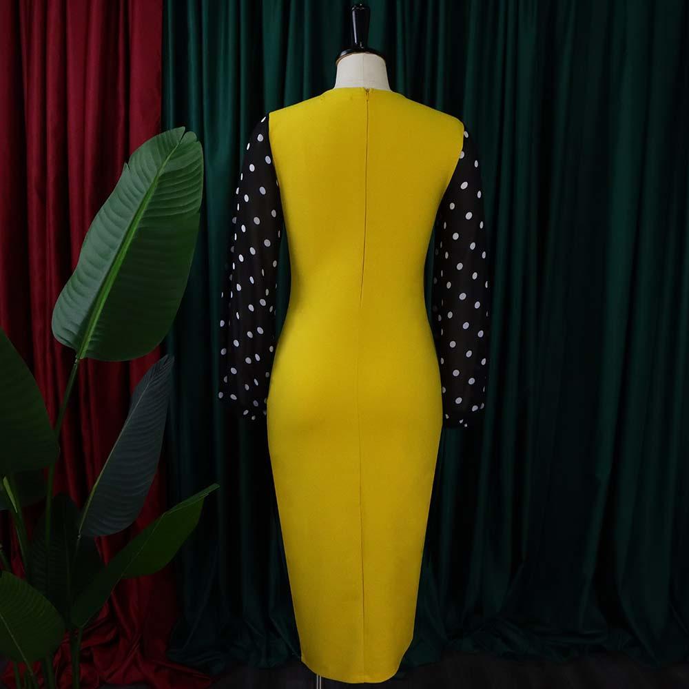 Large Size Women Spring Autumn Fashion Patchwork Polka Dot Dress Ladies One Piece Elegant Round Collar Sheath Dress