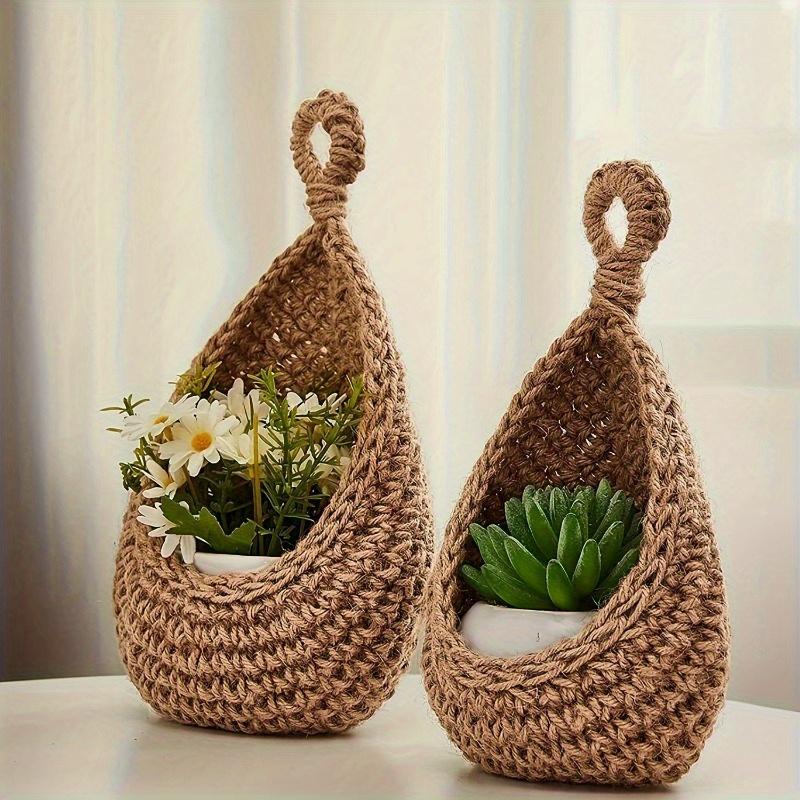 Boho Chic 3pcs Set of Hand-Woven Cotton Rope & Linen Baskets with Hooks - Ideal for Hanging Fruits, Vegetables