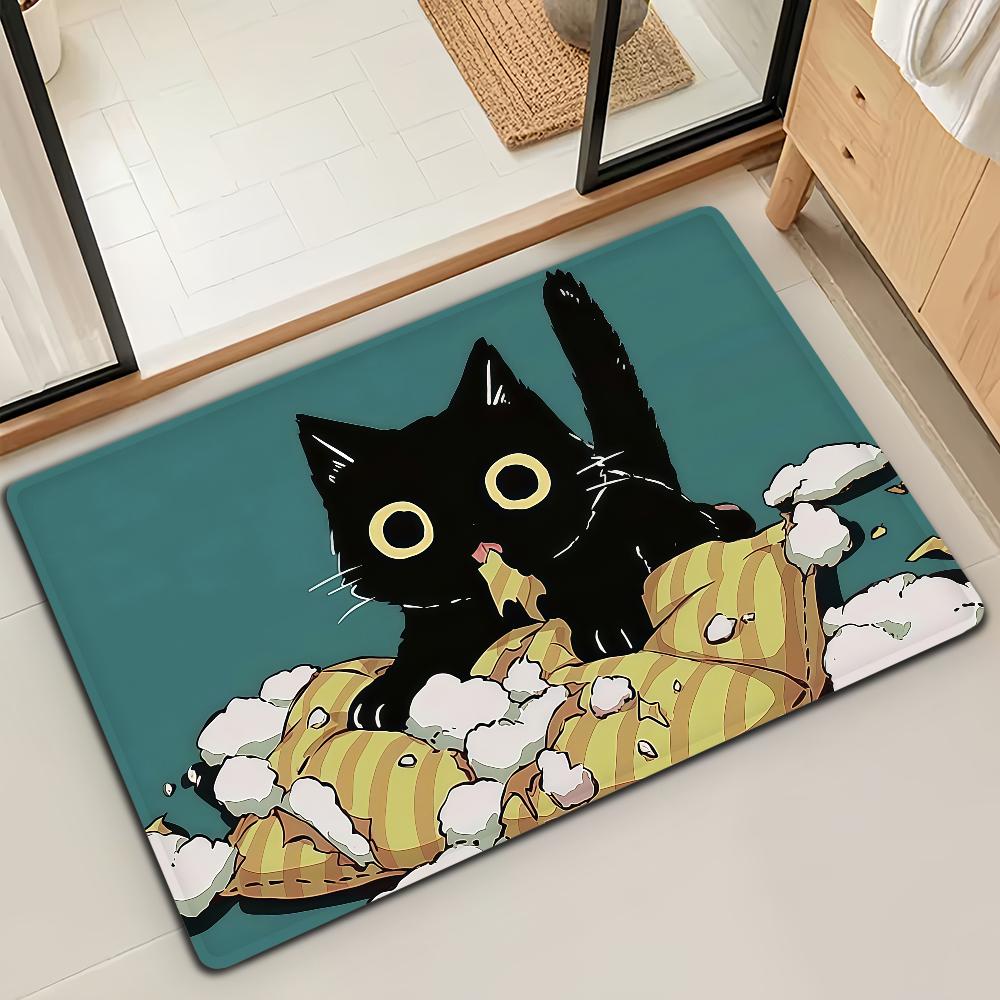

Cute Kawaii Black Cat Door Mat Bath Microfiber Decorative Versatile Flannel Floor Mat Quick Dry Absorbent Non-slip Sole 40cm x 60cm