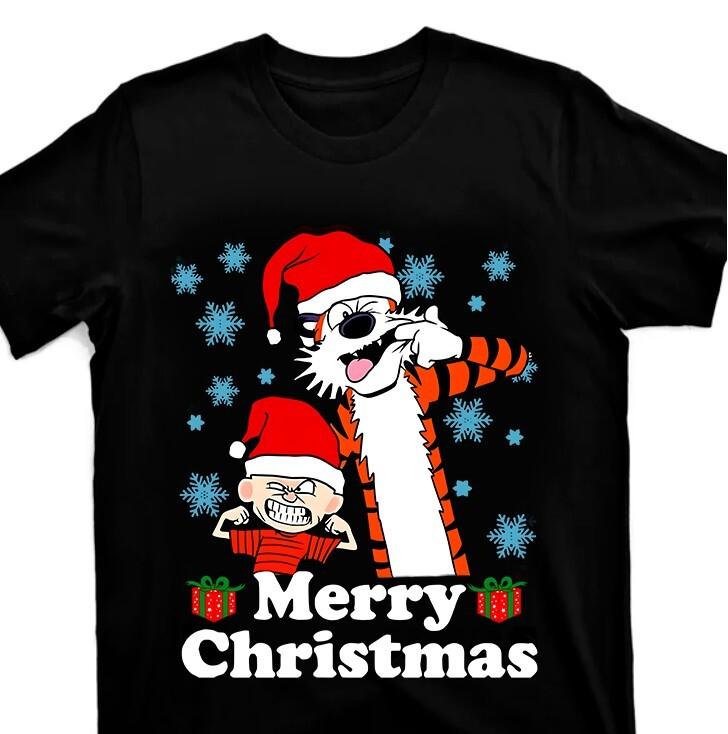 Merry Christmas Calvin Hobbes Christmas Box T-shirt Cotton Tee S-4XL ZL452 S