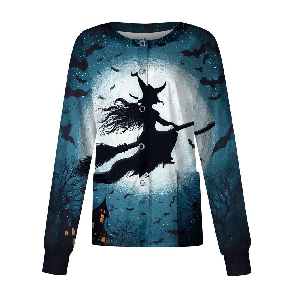 Women's Casual Long Sleeve Single Breasted Cardigan Halloween Print Medical Scrub Jacket Lightweight Button Up Top for Healthcare