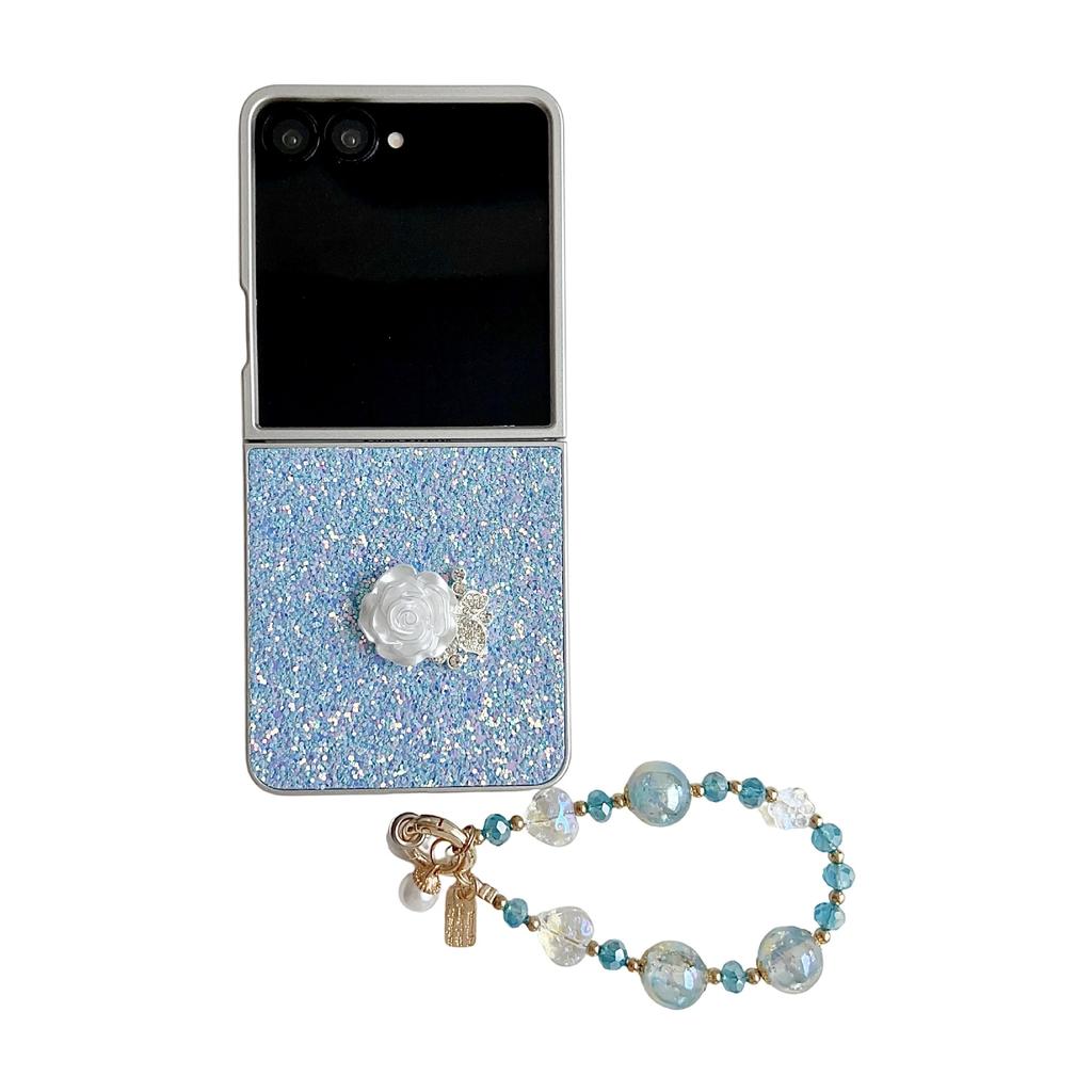 Phantom Glitter White Rose Mobile Phone Case for Samsung Z FLIP7/6/5/4 Portable Bead Chain 3rd Generation Folding Case