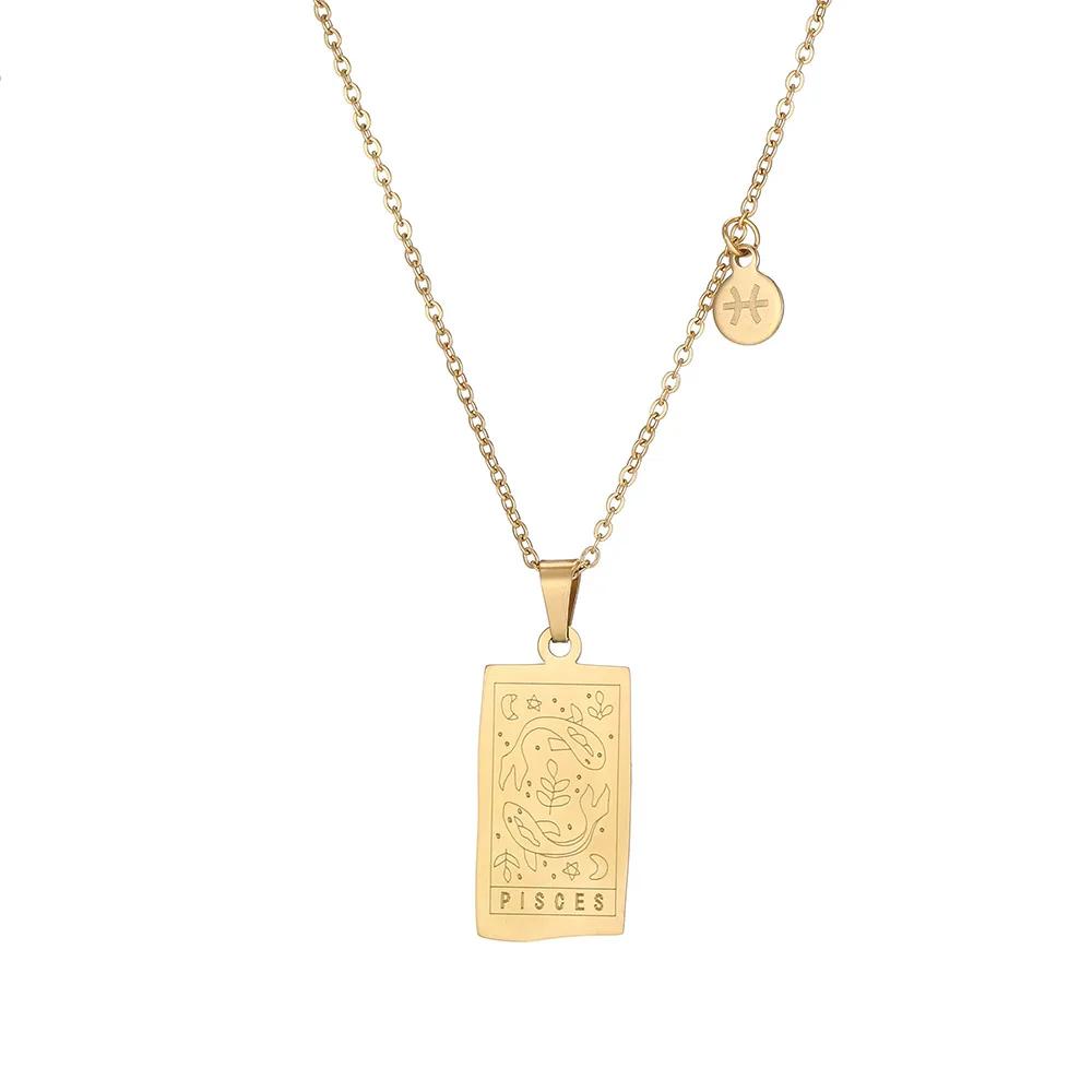 Vintage Geometric 12 Constellations Square Pendant Necklace Fashion Gold Color Metal Collar Charm Necklace Jewelry 2024 New
