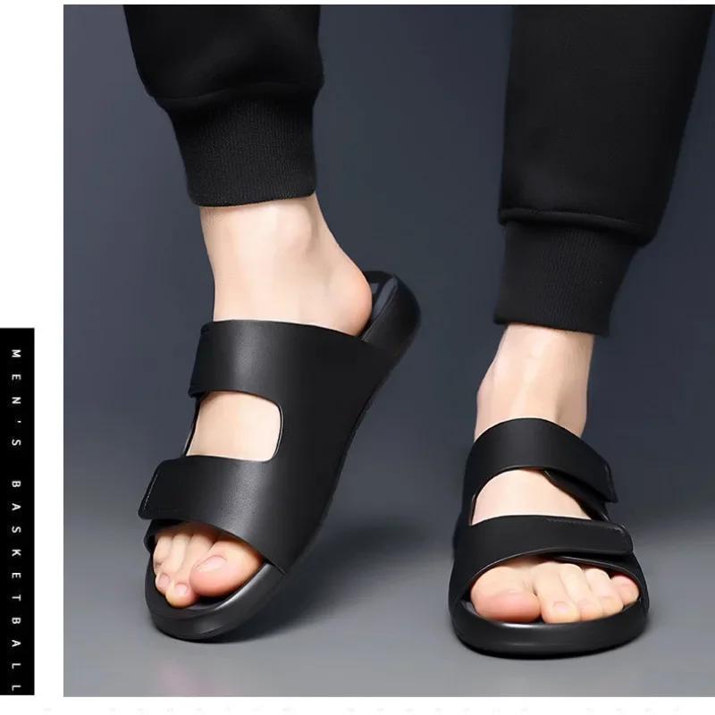 FashionSummer Fashion Leather Slippers for Men Outdoor Beach Men's Sandals Designer New Hollow Soft Soled Slip-on Flip Flops Shoes Male