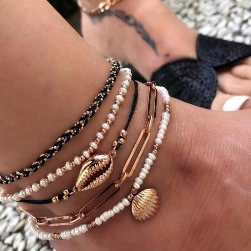 Accessories, handmade DIY rice bead shell multi-layer anklet, chain scallop anklet 5-piece set for women