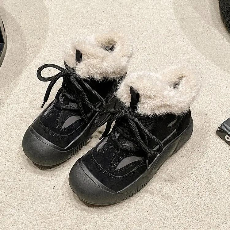 Platform Fur Ankle Snow Boots Women Cotton Shoes Flats Plush Warm Sneaker Winter Fad 2024 Trend Suede Casual Lace Up Botas Mujer