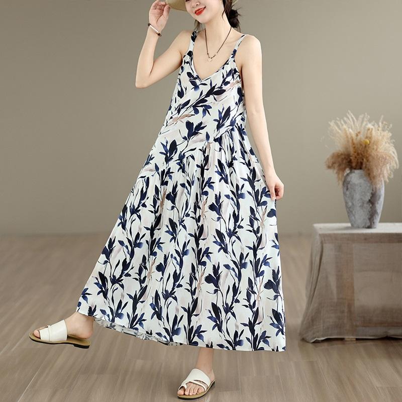 Sleeveless Strap Plus Size Cotton Vintage Flora New In Dresses For Women Casual Loose Long Summer Dress Elegant Clothing