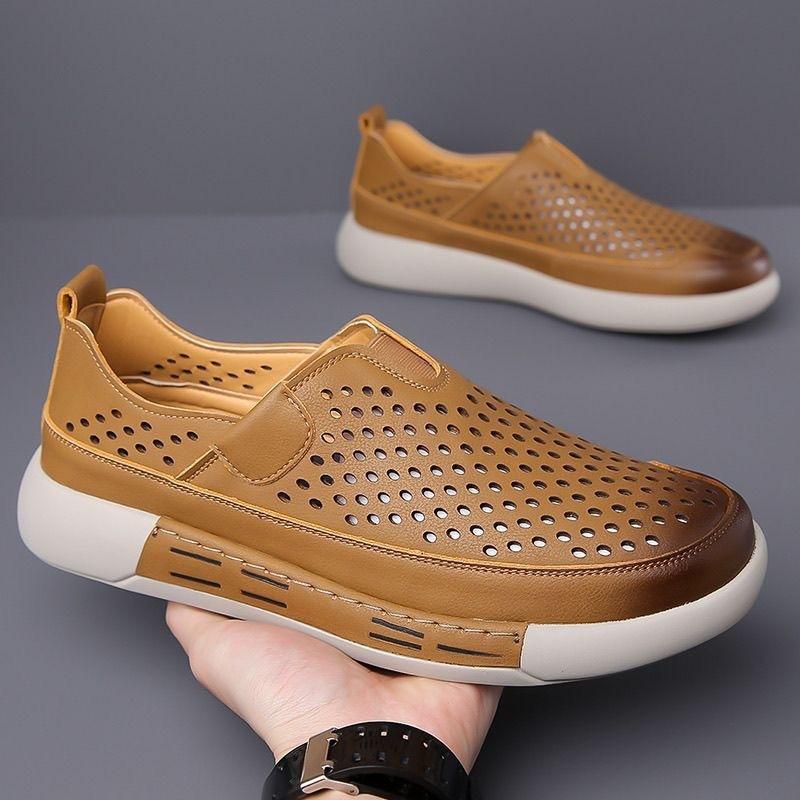 One-pedal Hollow Men's Shoes Summer Casual Hole Shoes British Feng Trend Versatile Breathable Men's Cool Leather Shoes