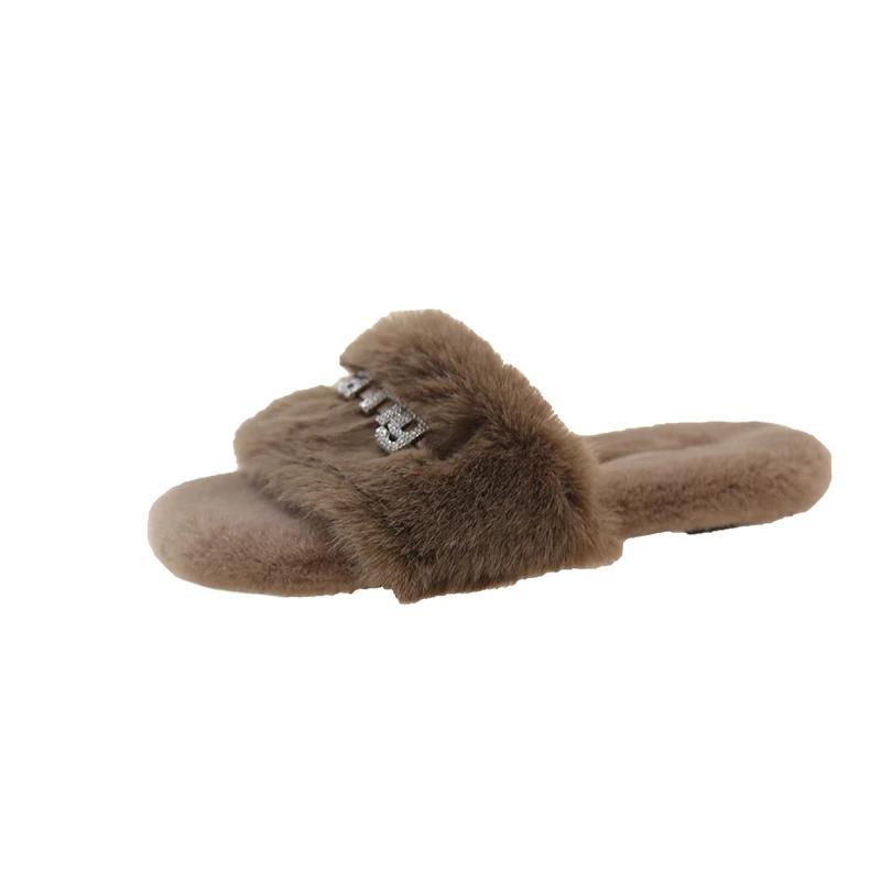 Letní Nové Teplé a Nadýchané Dámské Pantofle, Pohodlné Umělé Kožešinové Domácí Protiskluzové Dámské Žabky Plus Size 35-42