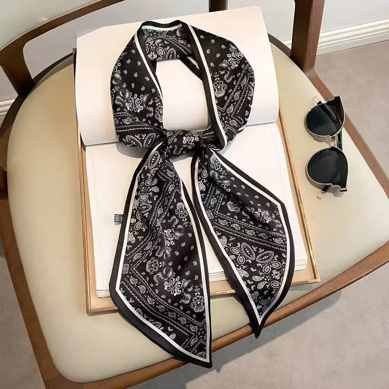 Thin and Narrow Long Silk Scarf Imitation Silk Versatile Decorative Scarf Fashionable Pointed Corner Headband Strap Streamer Striped Silk Scarf