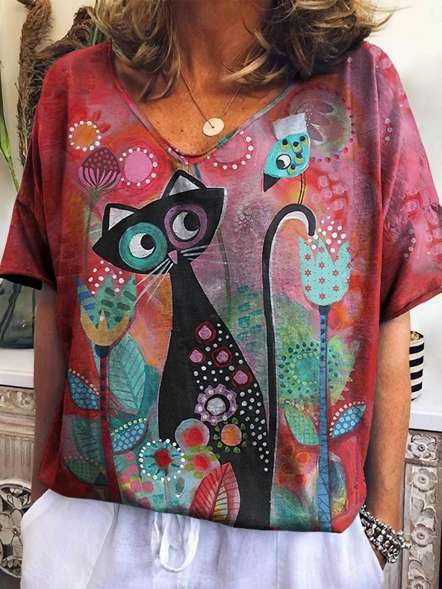 

Women s T Shirt Floral Cat Fashion Modern Casual Short Sleeve V Neck Regular Tops S