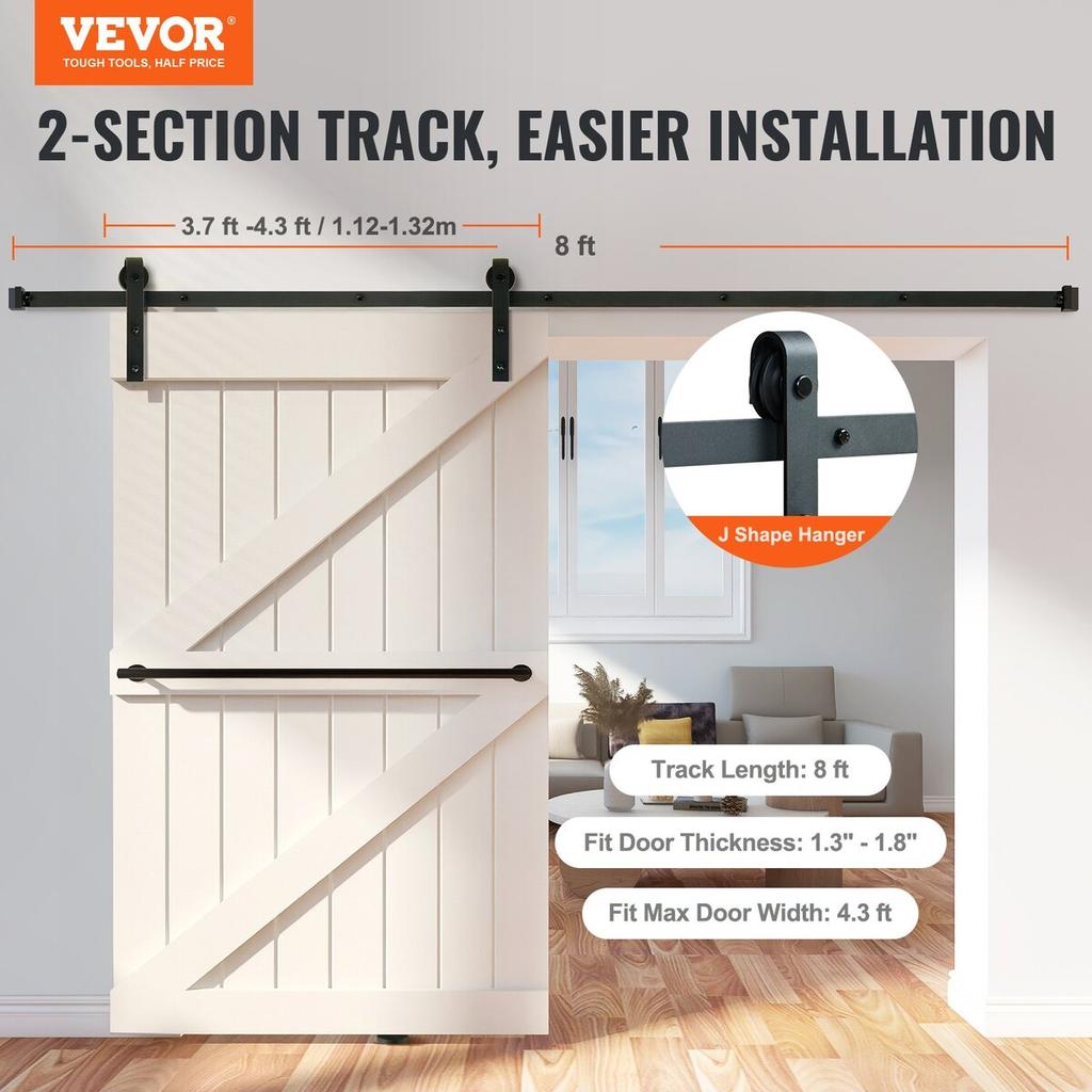 8FT Sliding Barn Door Hardware Kit, 330LBS Loading Heavy Duty Barn Door Track Kit for Single Door, Fit 3.7-4.3FT Wide and 1.3"-1.8" Thick Door Panel,