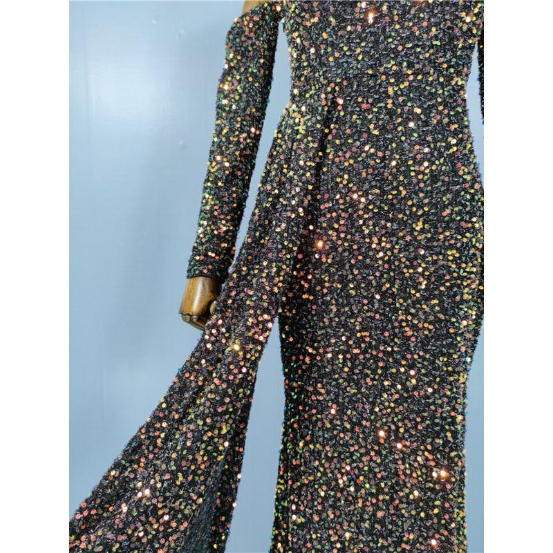 Export Single Sexy Banquet Party Fashion Shiny off-the-Shoulder Long Sleeves Sequin Waist Retro Diagonal Collar Jumpsuit Dress