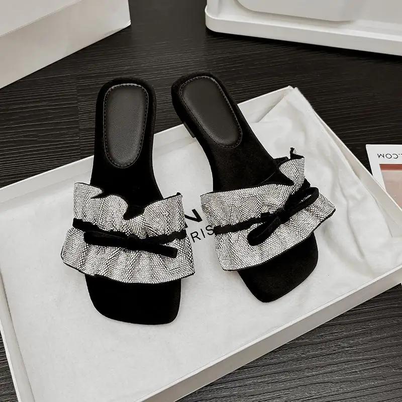 Designer Women Flat Slippers Crystal Butterfly Knot Comfortable Flats Woman Summer Shoes Luxury Casual Large-sized Sandals