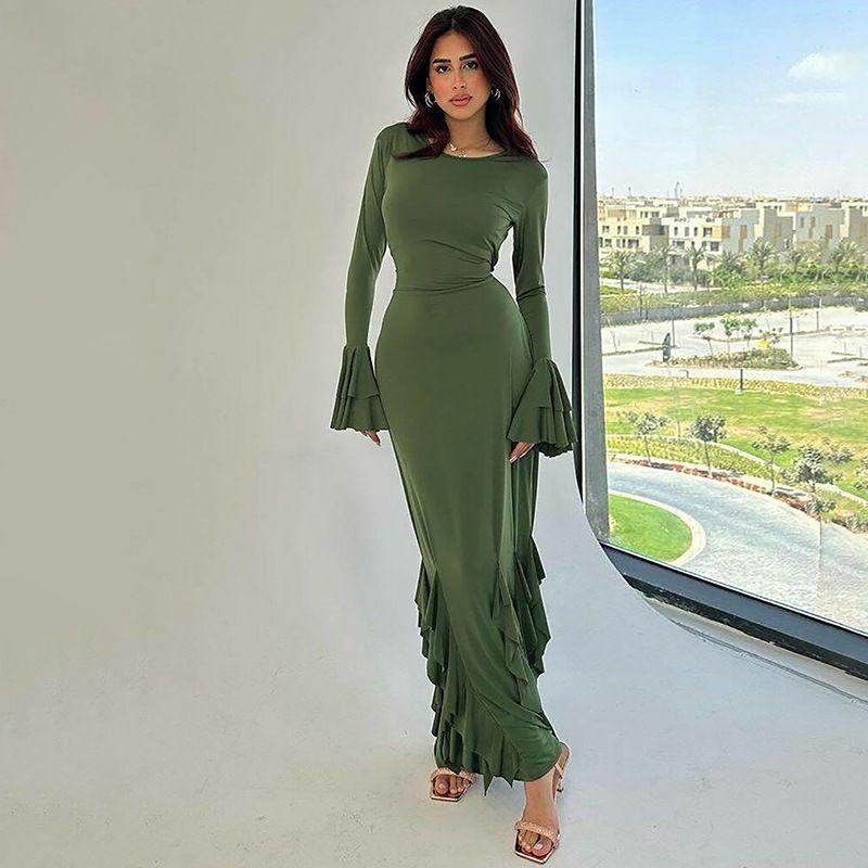 European and American Women clothes 2024 Autumn New Product Fashion Slim fit Lace-up Lace Long sleeve dress Foreign Trade Women