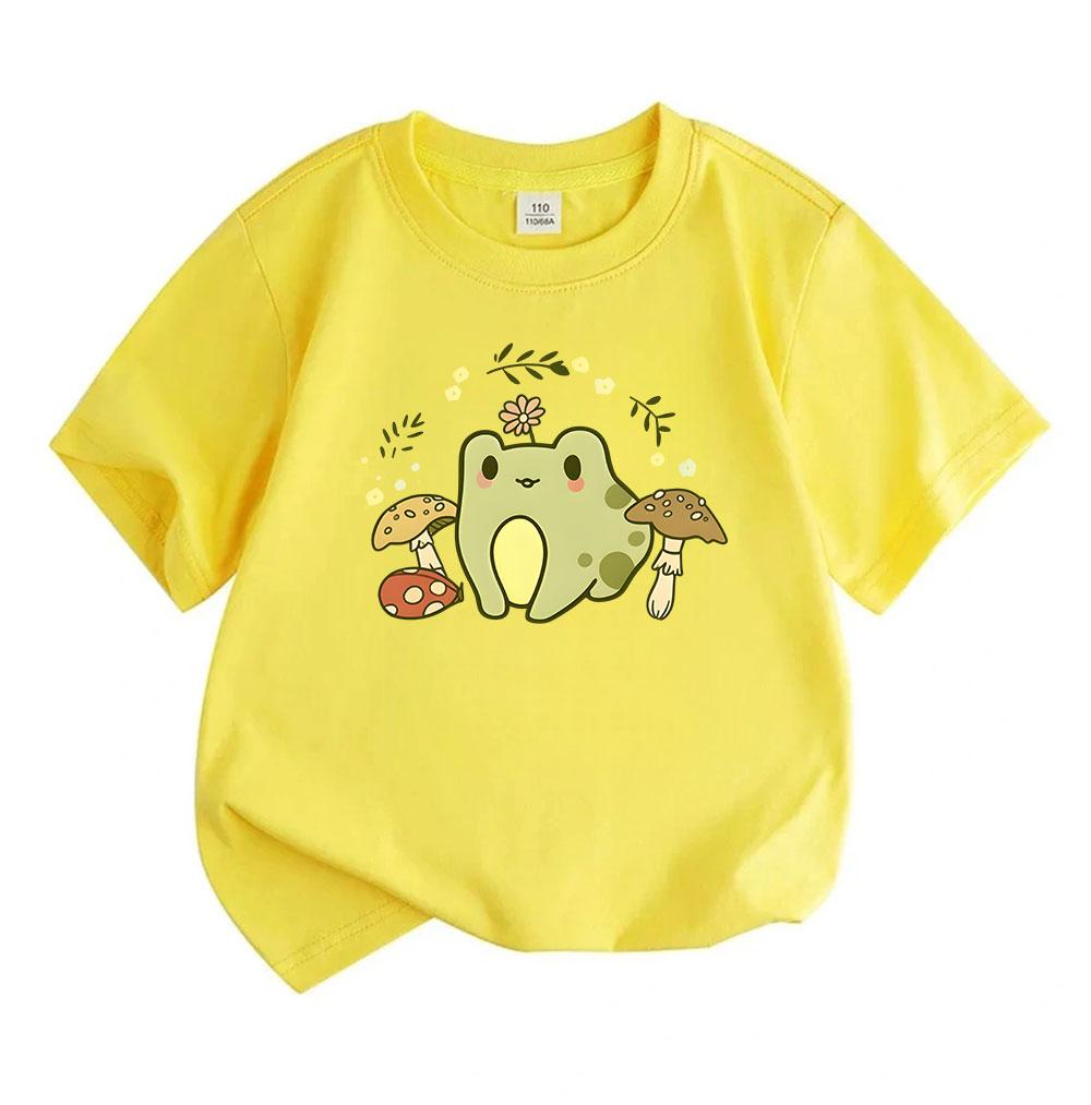 Kids Boys Girls 100% Cotton Crew Neck Short Sleeve T-Shirt, Cute Cartoon Frog with Flower Mushroom Print Casual Soft Summer Tee for Children Daily Wea