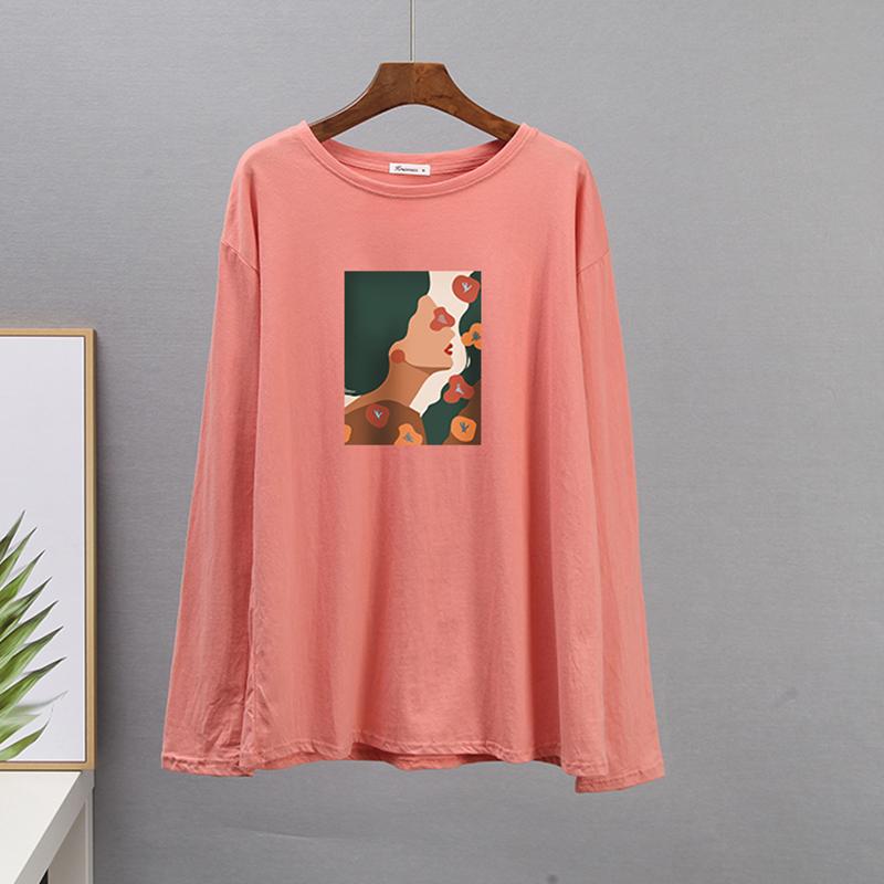Tricou din bumbac cu mânecă lungă de primăvară Hirsionsan Tricou cu imprimeu estetică abstractă cu figurine pentru femeie pentru petrecere a timpului liber cu gâtul în formă de topuri simple