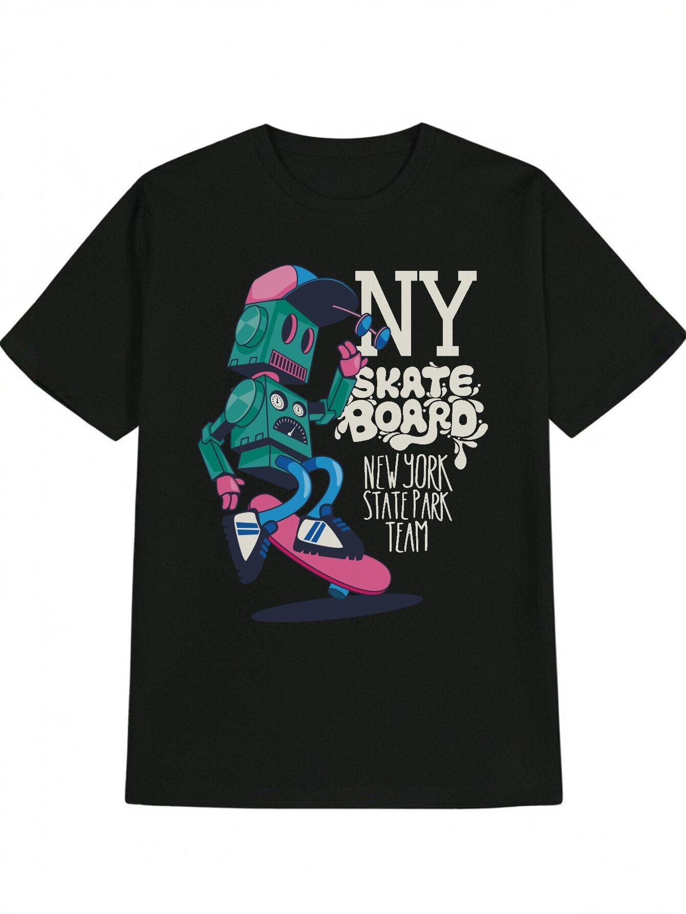 Casual Robot Graphic T-shirt - NY SKATE BOARD NEW YORK STATE PARK TEAM Print XL