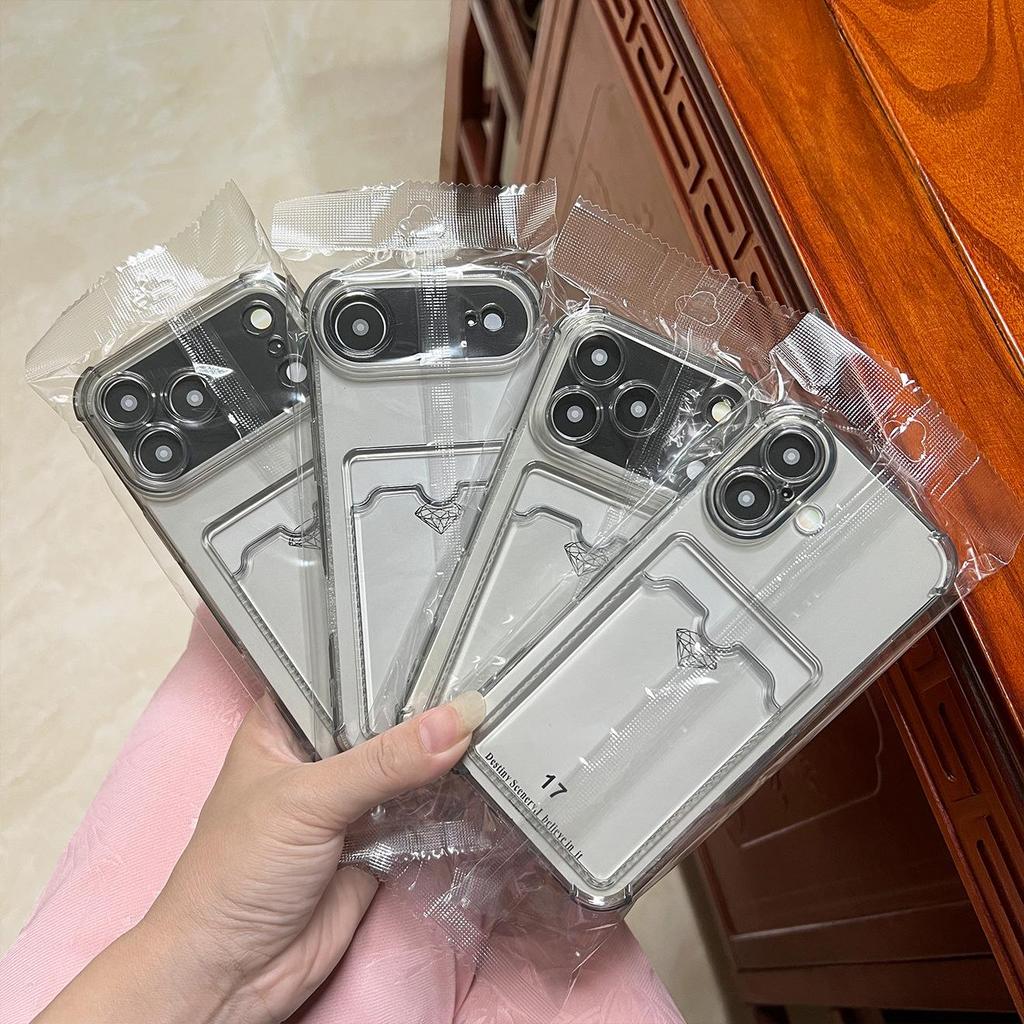 Skaidrus kortelių laikiklis iPhone 17 Pro Max telefonui su tikslia anga ir pilnos apsaugos minkštu dėklu