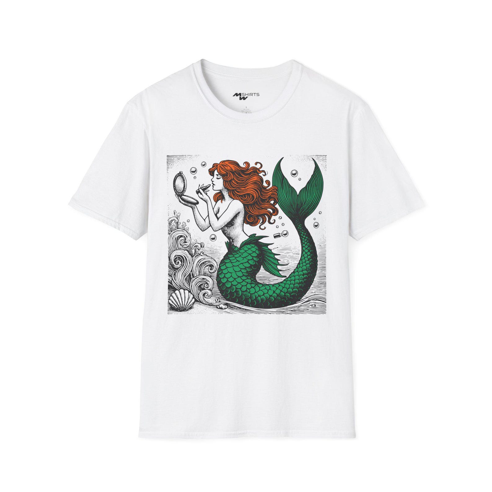 Redhead Mermaid Lipstick T-Shirt: Engraved Ocean Design S