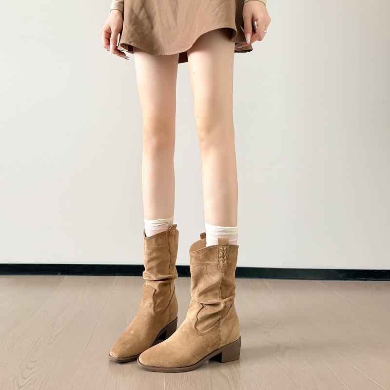 Leopard print hairy medium tube women's boots autumn and winter short boots thin heel trouser tube boots pointed high heel boots