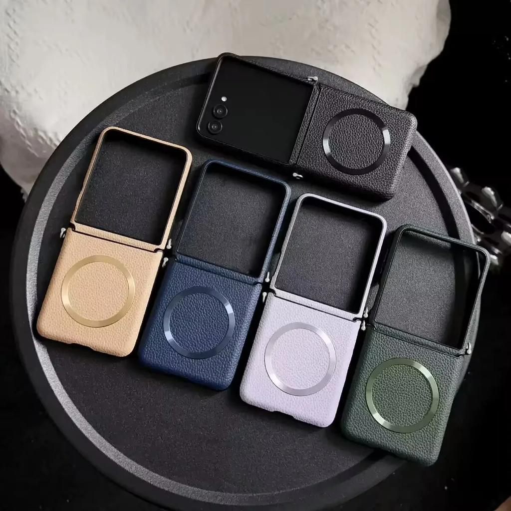 Luxury Litchi PU Leather Magsafe Wireless Charge Case for Galaxy ZFlip 7 6 Flip 3 4 5 ZFlip4 Zflip5 Magnetic Shockproof Cover
