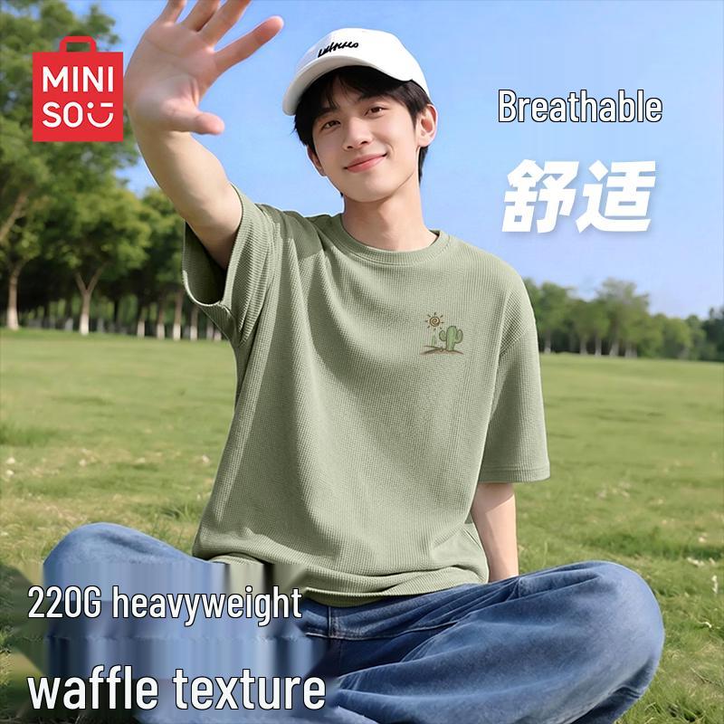 MINISO Men s Relaxed Fit Waffle Knit Crewneck T-Shirt 3XL